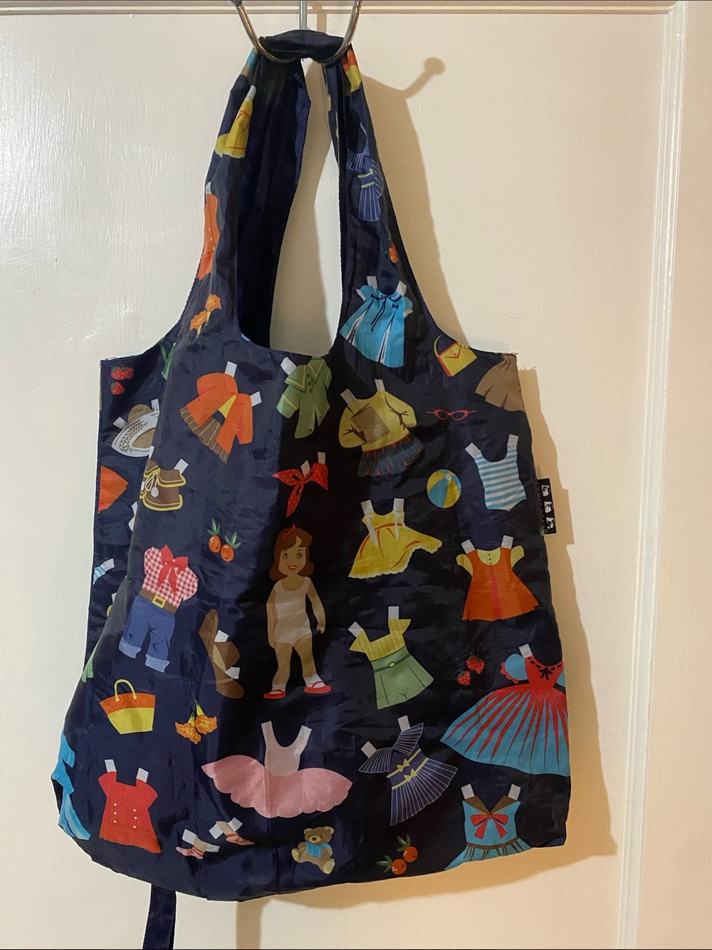 Navy Kids Reusable Tote with Colorful Dress Print